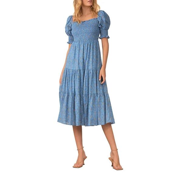 NWT SAKS FIFTH AVENUE Dress M Paisley On/Off Shoulder-Puff-Sleeve Smocked Tiered - Picture 1 of 11